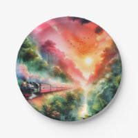 Watercolor Tropical Sunset Train Journey