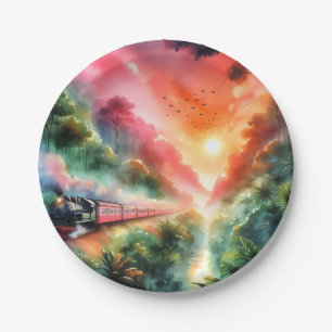 Watercolor Tropical Sunset Train Journey Paper Plate
