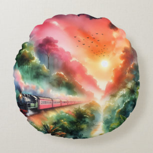 Watercolor Tropical Sunset Train Journey Round Cushion