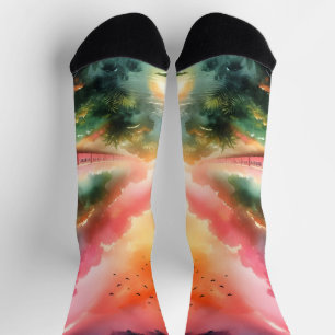 Watercolor Tropical Sunset Train Journey Socks