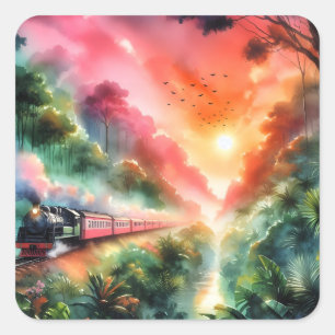 Watercolor Tropical Sunset Train Journey Square Sticker