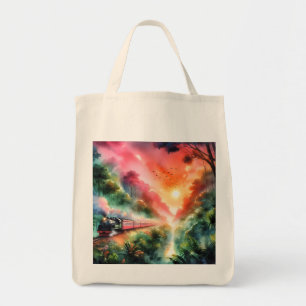 Watercolor Tropical Sunset Train Journey Tote Bag