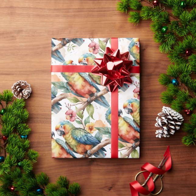 Watercolor Tropical Theme Parrot Bird Couple  Wrapping Paper (Holiday Gift)