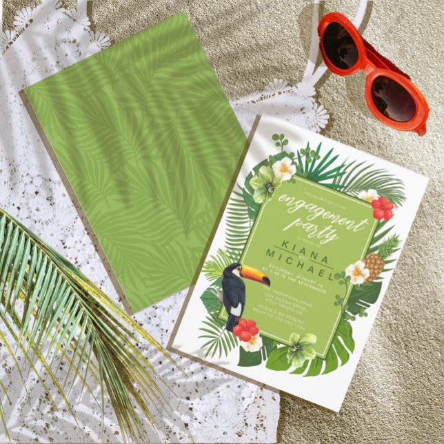 Watercolor Tropical Toucan Engagement Green ID577 Invitation (Front/Back In Situ)