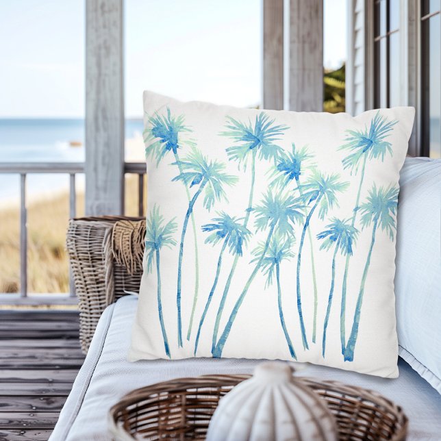Watercolor Tropical Turquoise Palm Trees Cushion (Creator Uploaded)