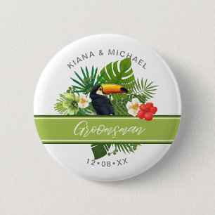 Watercolor Tropical w/Toucan Groomsman Green ID577 6 Cm Round Badge