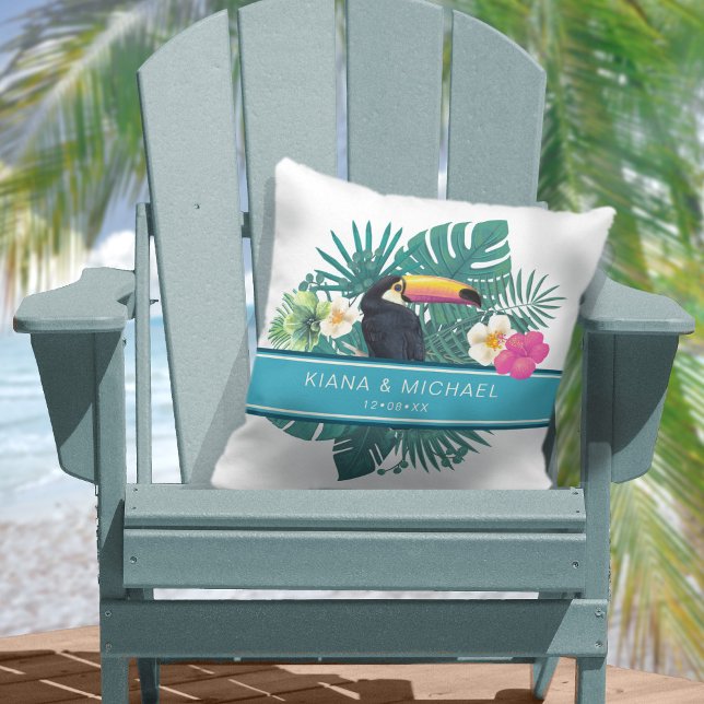 Watercolor Tropical w/Toucan Wedding Teal ID577 Cushion (Creator Uploaded)