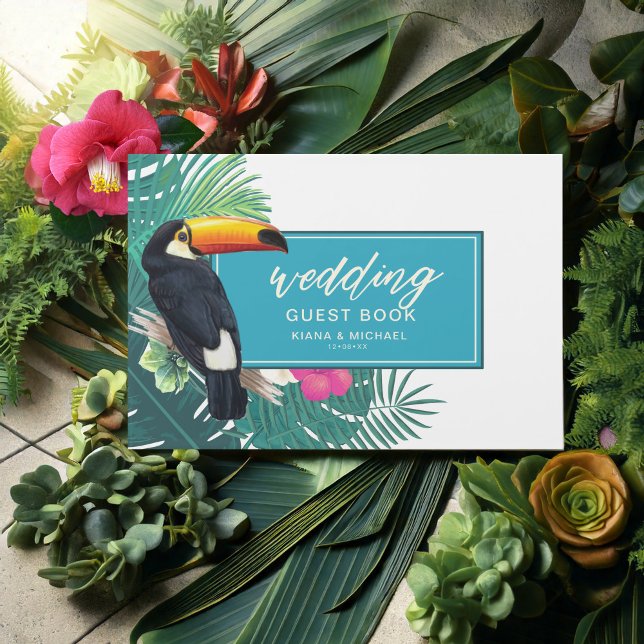 Watercolor Tropical w/Toucan Wedding Teal ID577 Guest Book (Creator Uploaded)