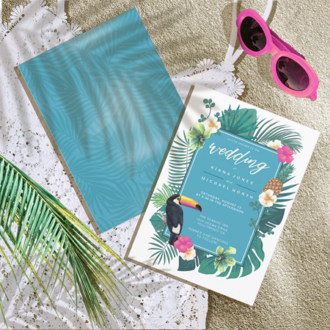 Watercolor Tropical w/Toucan Wedding Teal ID577 Invitation (Creator Uploaded)