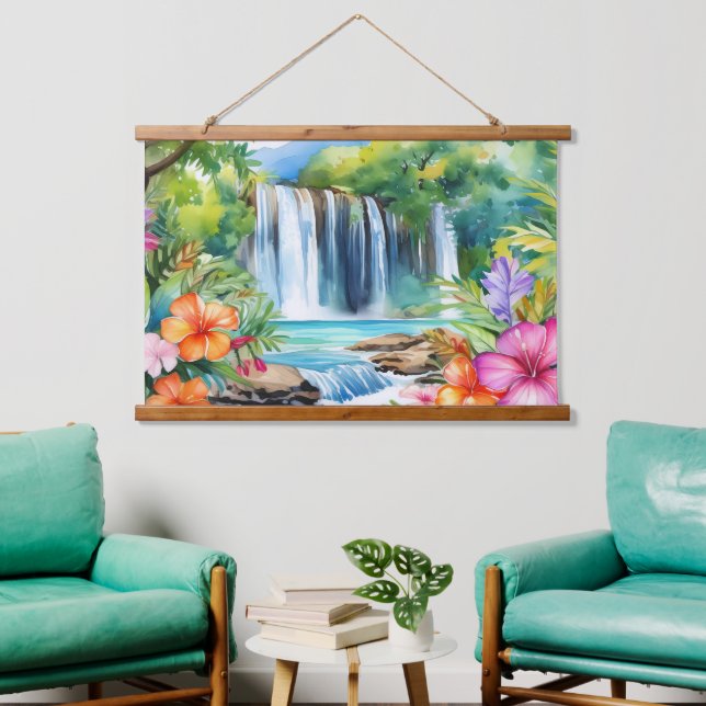 Watercolor tropical waterfall hanging tapestry (Living Room)