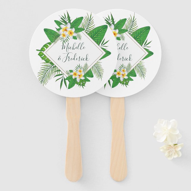 Watercolor tropical Wedding Hand Fan (Front and Back)