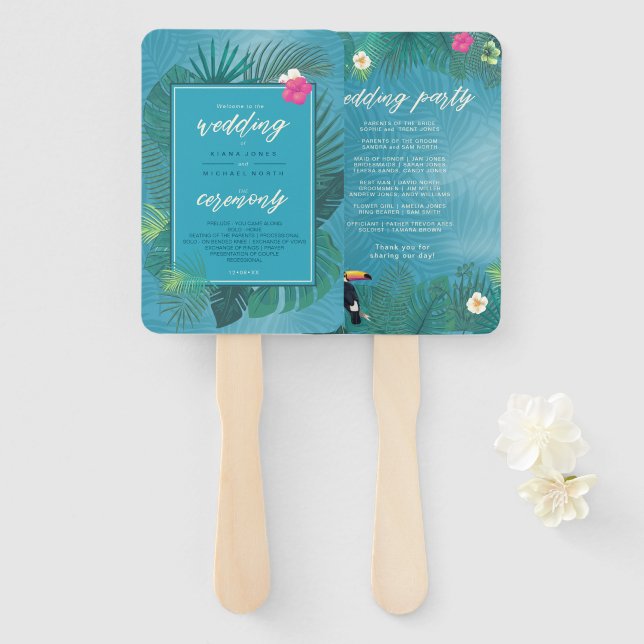 Watercolor Tropical Wedding Party Teal ID577 Hand Fan (Front and Back)