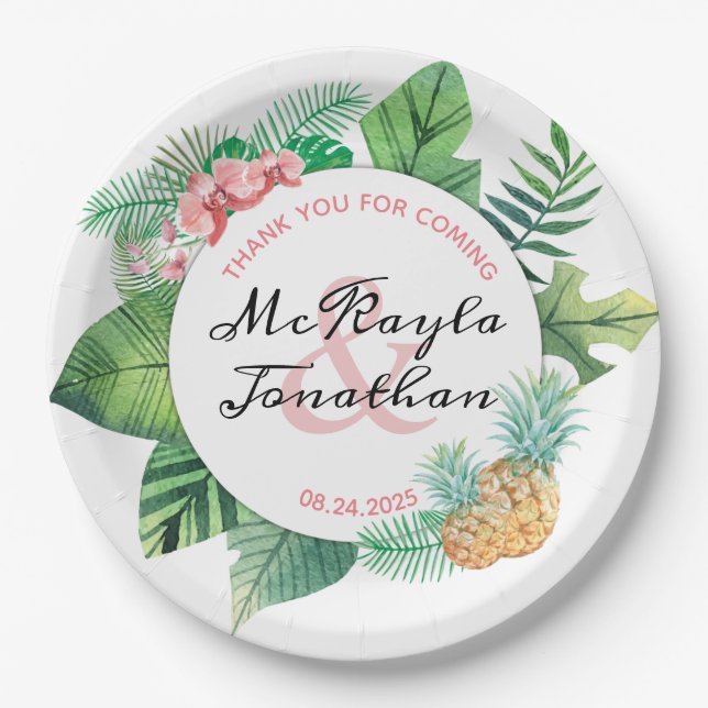 Watercolor Tropical Wedding Pineapple Orchid Leaf Paper Plate (Front)