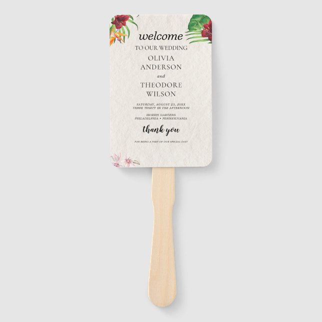 Watercolor Tropical Wedding Program and Timeline Hand Fan (Front)