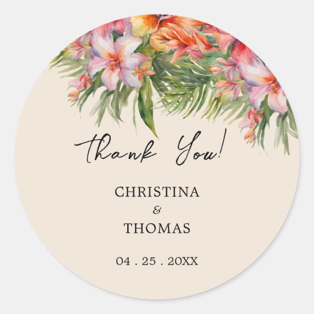 Watercolor Tropical Wedding Thank You Classic Round Sticker (Front)