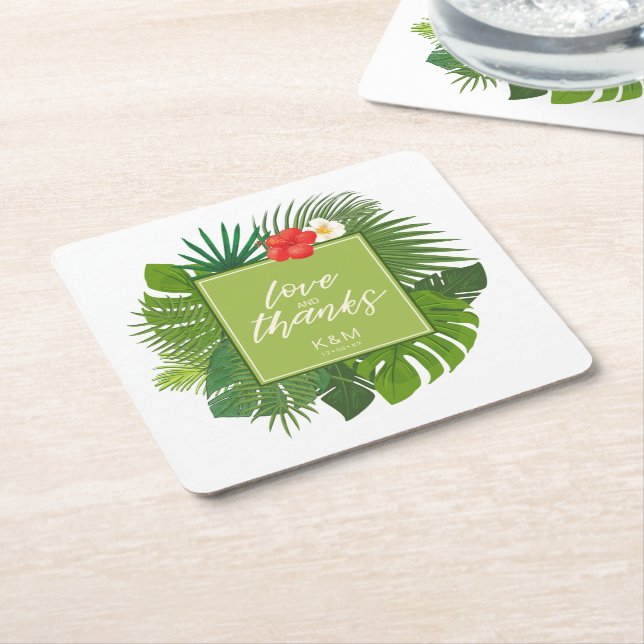 Watercolor Tropical Wedding Thanks Green ID577 Square Paper Coaster (Angled)