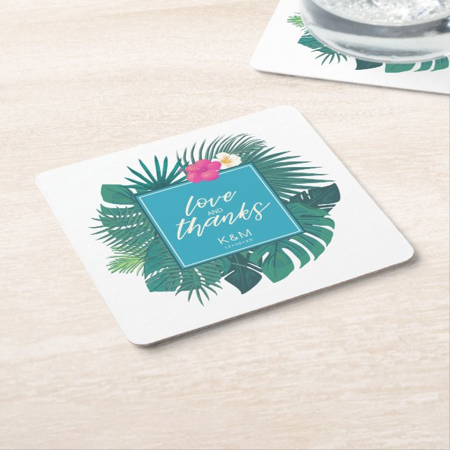 Watercolor Tropical Wedding Thanks Teal ID577 Square Paper Coaster (Angled)