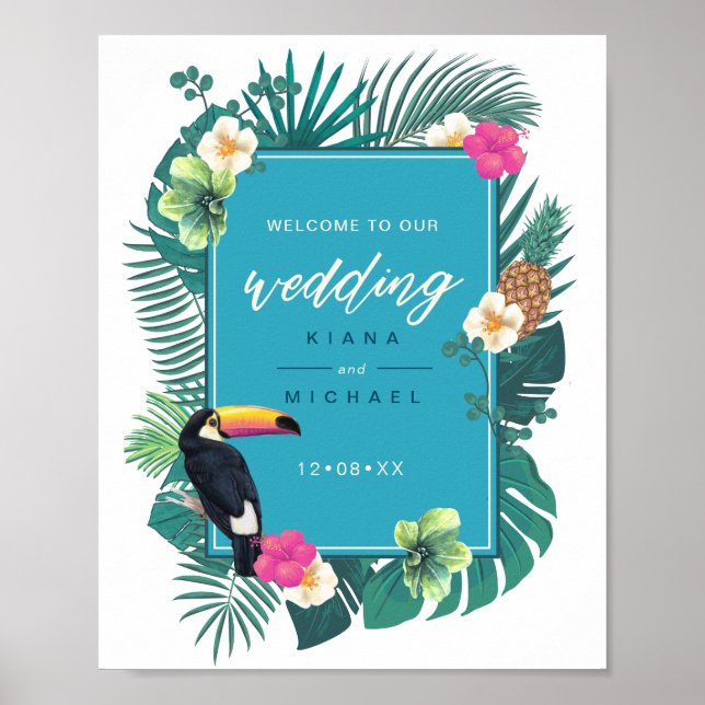 Watercolor Tropical Wedding Welcome Teal ID577 Poster (Front)