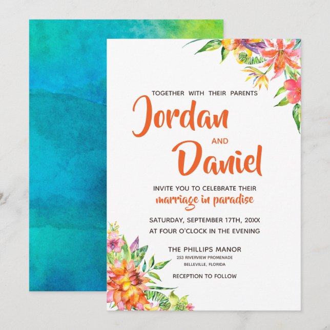 Watercolor Tropics Floral Chic Destination Wedding Invitation (Front/Back)