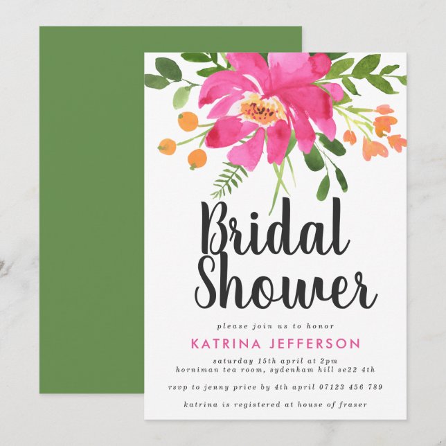 Watercolor Tropics Hot Pink Bridal Shower Invitation (Front/Back)