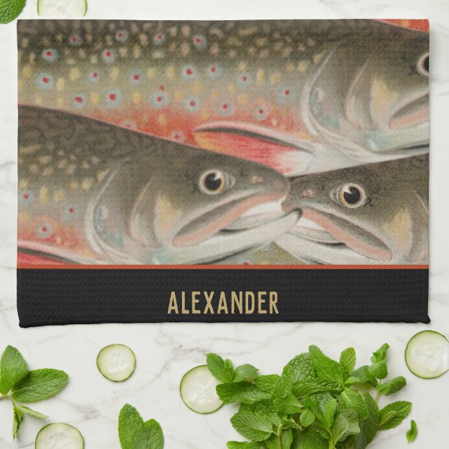 Watercolor Trout Pattern Fisherman chef cook  Tea Towel (Folded)