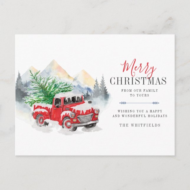 Watercolor Truck and Tree Merry Christmas Holiday Postcard (Front)