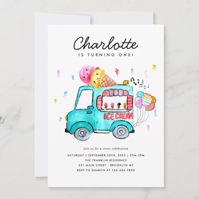 Watercolor Truck Balloon Kids Ice Cream Birthday Invitation (Front)