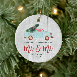 Watercolor Truck Personalised Mr & Mr Wedding Ceramic Tree Decoration