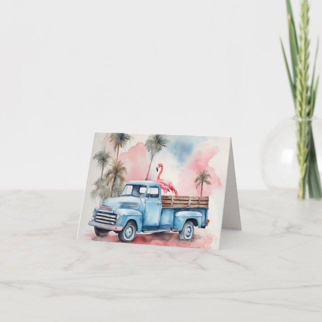 Watercolor Truck With Flamingo Note Card (Front)
