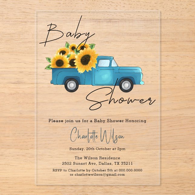 Watercolor Truck with Sunflowers Baby Shower Acrylic Invitations (Front)