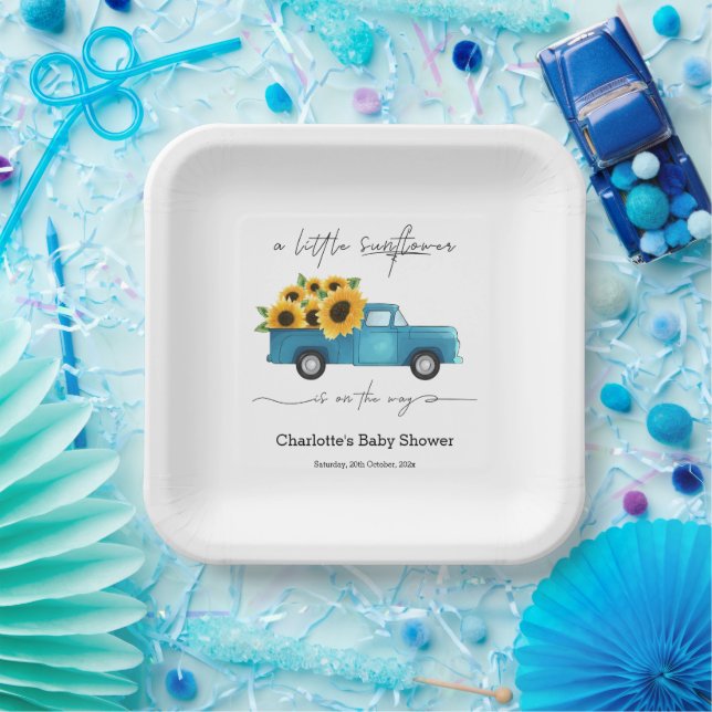 Watercolor Truck with Sunflowers Baby Shower Paper Plate (Party)