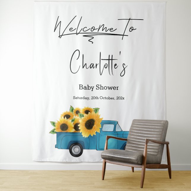 Watercolor Truck with Sunflowers Baby Shower Tapestry (In Situ)