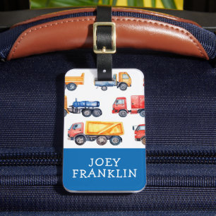 Watercolor Trucks Kids Personalised Backpack Tag
