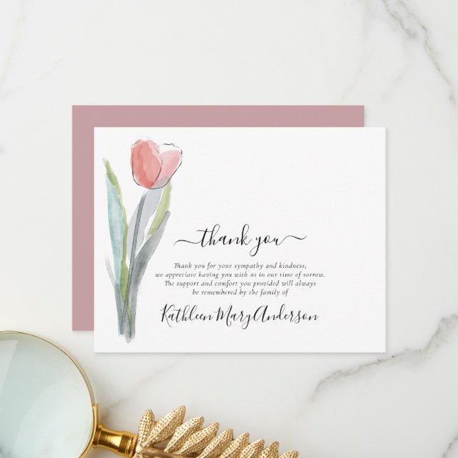 Watercolor Tulip Floral Funeral Thank You Card (Front/Back In Situ)