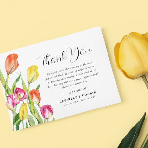 Watercolor Tulip Florals Funeral Memorial  Thank You Card
