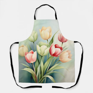 Watercolor Tulip Garden On Sage Green Apron