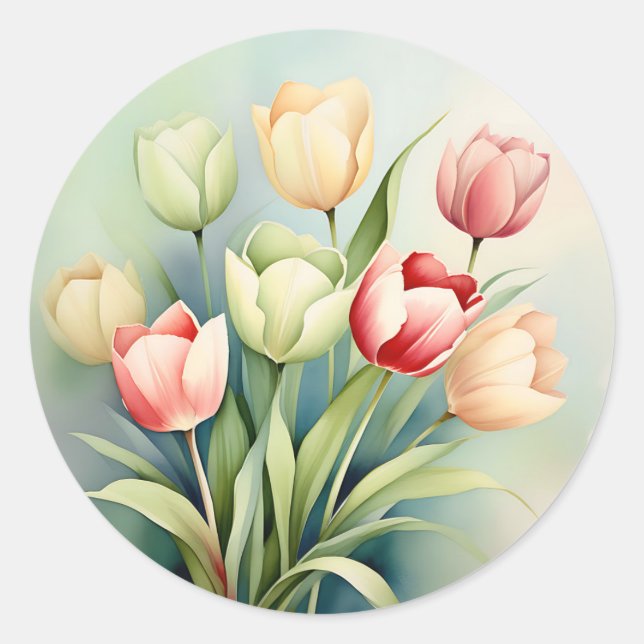Watercolor Tulip Garden On Sage Green Classic Round Sticker (Front)
