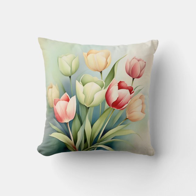 Watercolor Tulip Garden On Sage Green Cushion (Front)