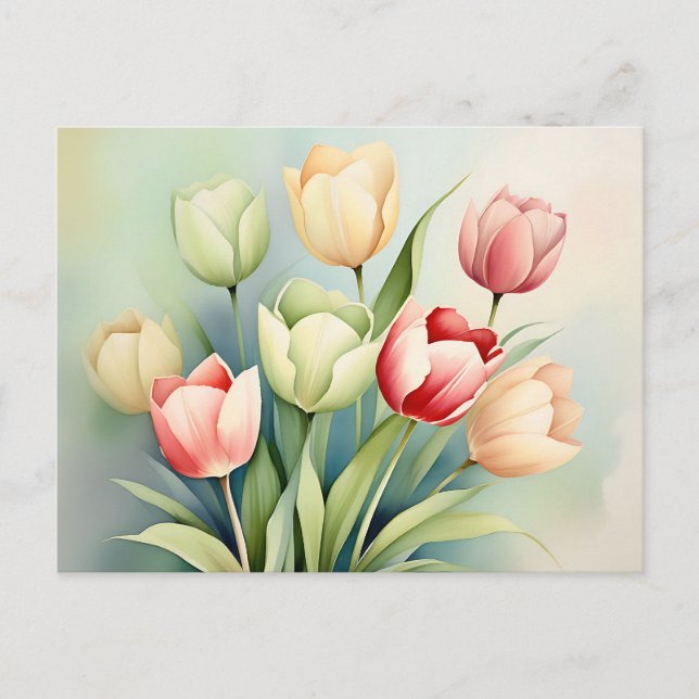 Watercolor Tulip Garden On Sage Green Postcard (Front)