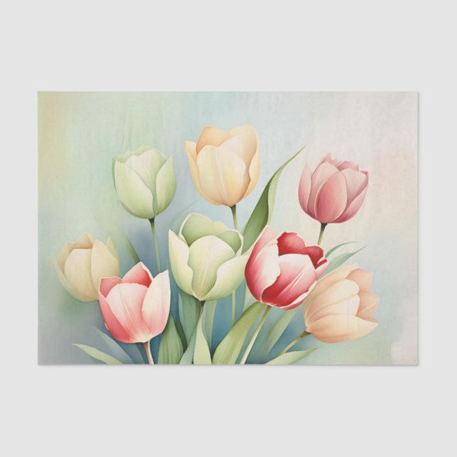 Watercolor Tulip Garden On Sage Green Tissue Paper (Front)