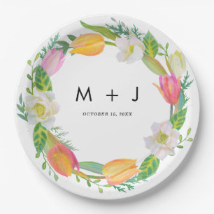 Watercolor Tulip Pink and White Wedding Cheers Paper Plate