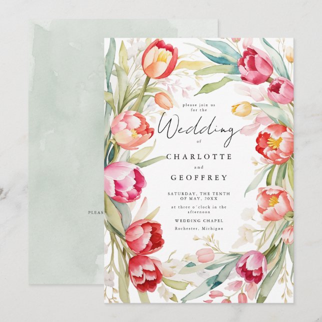 Watercolor tulip qr code wedding invitation (Front/Back)