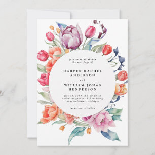 Watercolor tulip round frame invitation