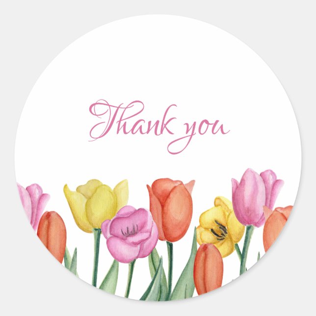 Watercolor Tulip Thank  Classic Round Sticker (Front)