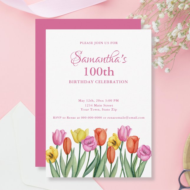 Watercolor Tulips 100th Birthday Party Invitation (Creator Uploaded)