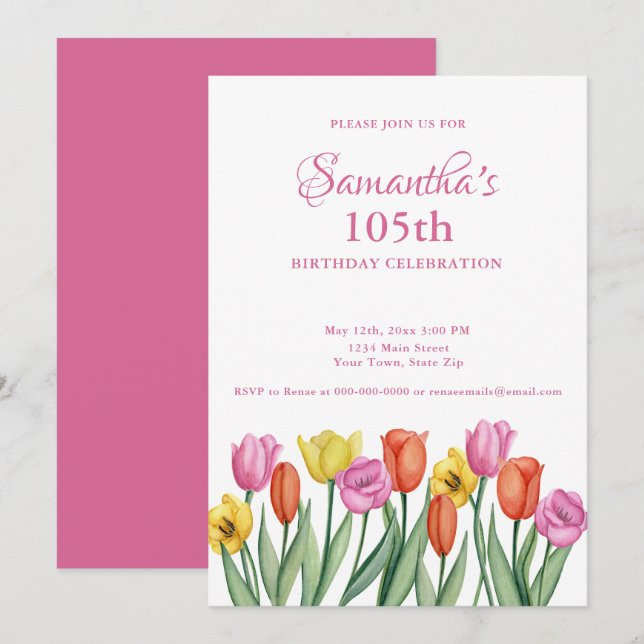 Watercolor Tulips 105th Birthday Party Invitation (Front/Back)