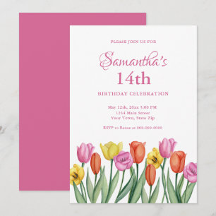 Watercolor Tulips 14th Birthday  Invitation