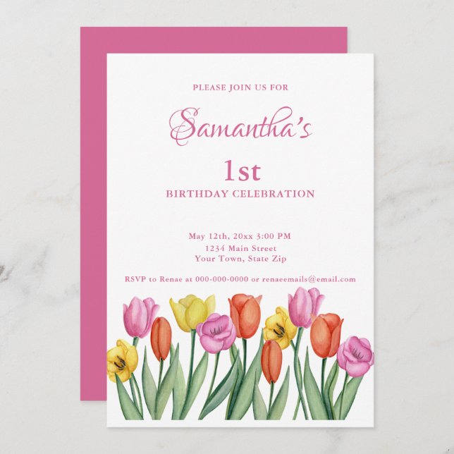 Watercolor Tulips 1st Birthday  Invitation (Front/Back)
