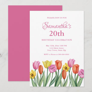 Watercolor Tulips 20th Birthday Invitation