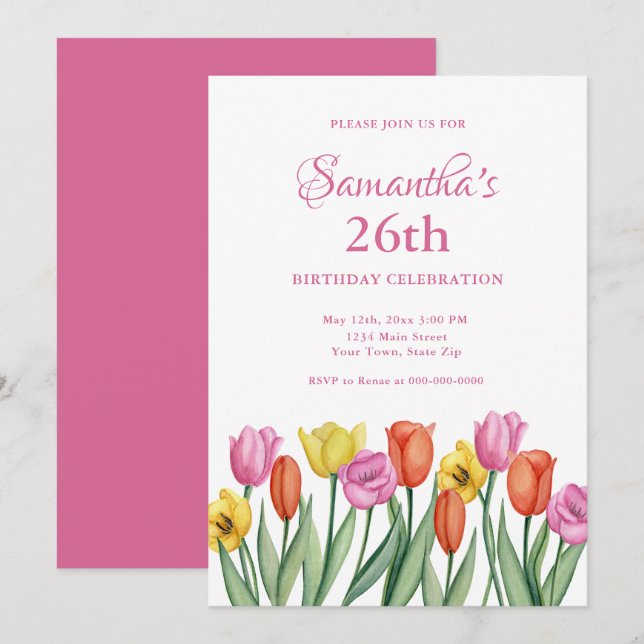 Watercolor Tulips 26th Birthday  Invitation (Front/Back)
